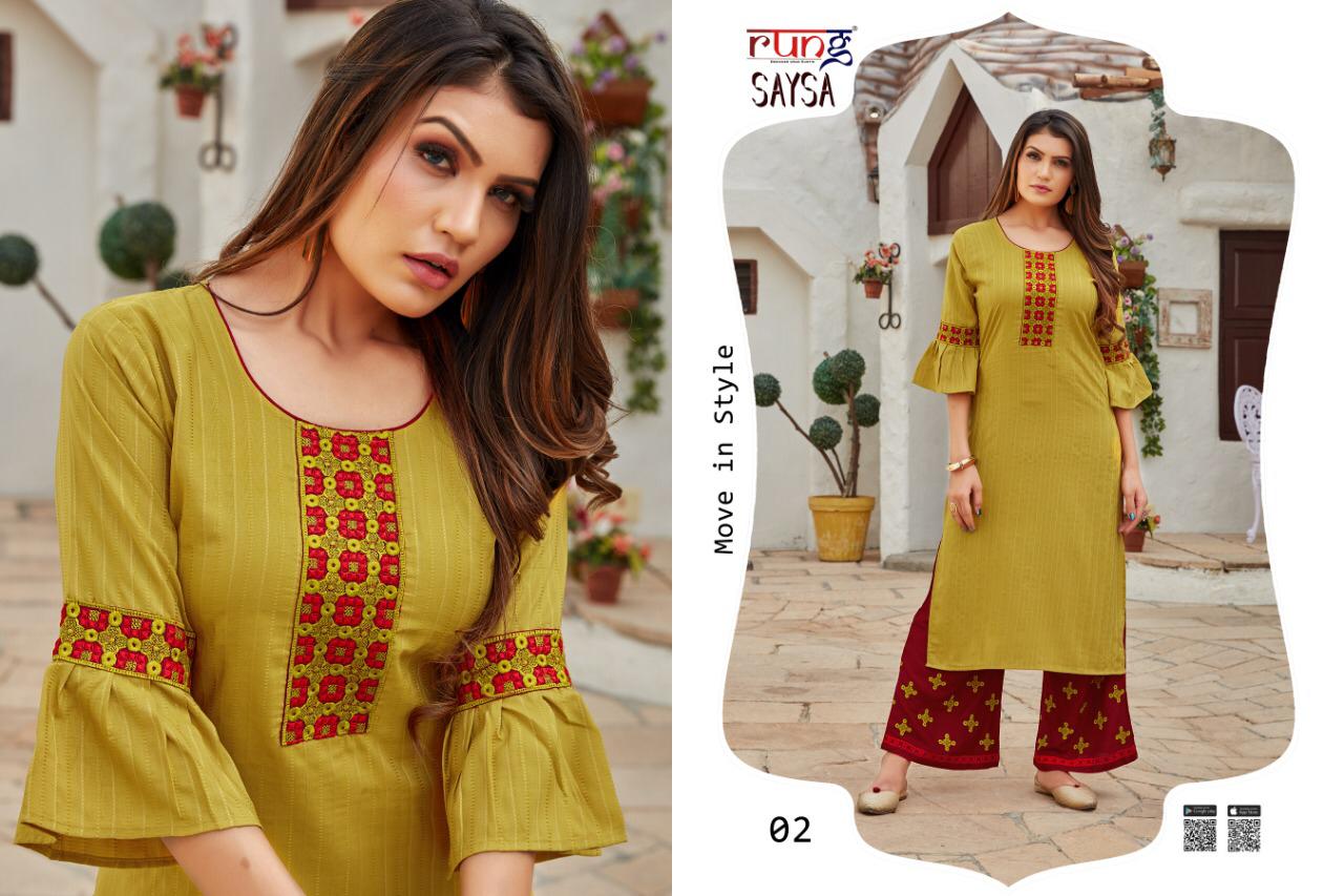 Rung Sasya Heavy Slub Latest Fancy Designer Casual Wear  Lining With heavy Hand Work Rayon With Embroidery Work Western Kurti With Bottom Collection